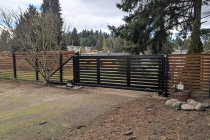 Automatic Cantilever Gate in TERRA Style, Wireless Keypad, and Outdoor Lighting. Automatic Cantilever Gate in TERRA Style, Wireless Keypad, and Outdoor Lighting.