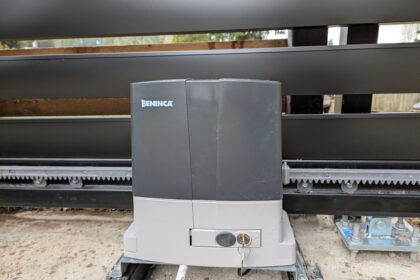 Automatic Cantilever Gate in TERRA Style, Wireless Keypad, and Outdoor Lighting. Automatic Cantilever Gate in TERRA Style, Wireless Keypad, and Outdoor Lighting.