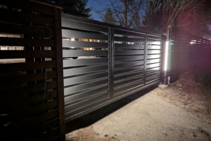Automatic Cantilever Gate in TERRA Style, Wireless Keypad, and Outdoor Lighting. Automatic Cantilever Gate in TERRA Style, Wireless Keypad, and Outdoor Lighting.